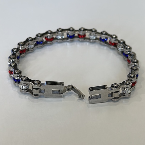 Red, White, and Blue Stone Mini Bike Chain Stainless Steel Bracelet - Picture 2 of 4